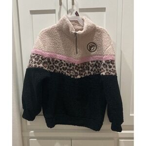 Buc-ees Youth Small Pink Sherpa Fleece Animal Print 1/4 Zip Pullover Sweater